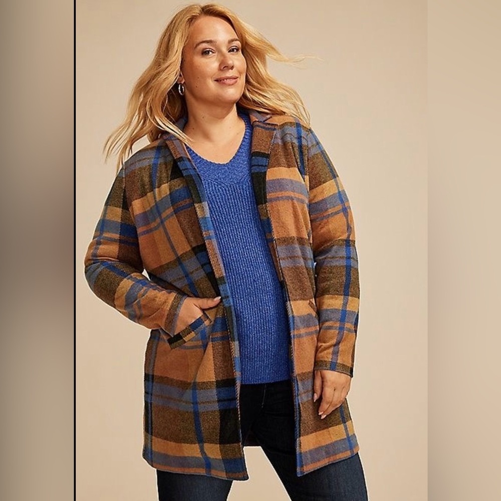 Maurices XXL Plaid Longline Blazer Midweight Coatigan in Camel & Blue